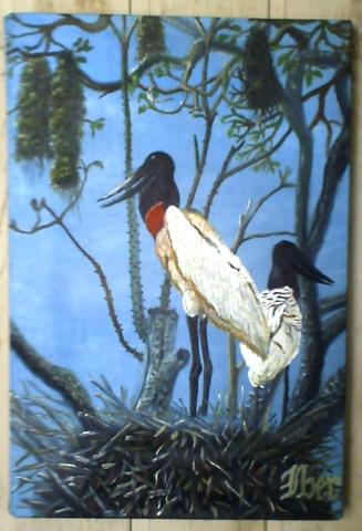 Pintura Óleo obre tela tuiuiu no ninho display